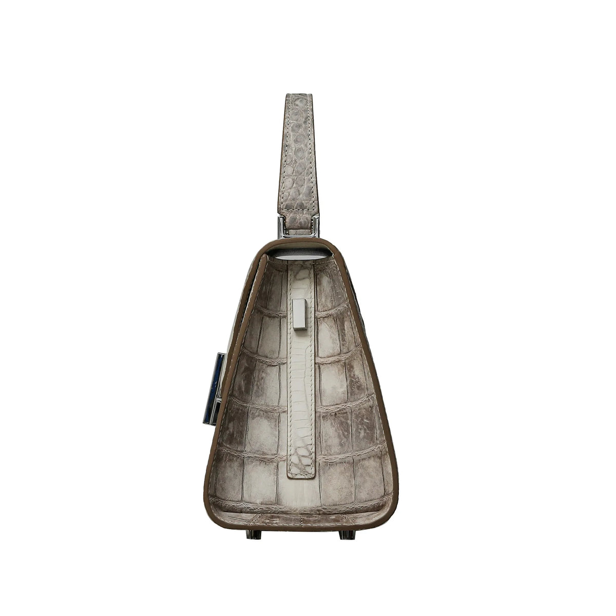 A structured shoulder bag made of textured alligator leather in a taupe-gray color, shown from the back against a solid white background.