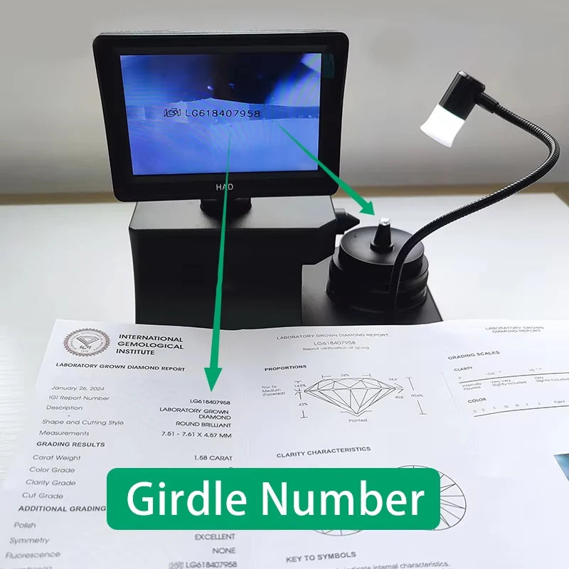 Diamond appraisal report with a digital device and lamp on a table