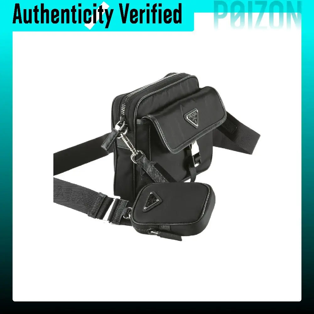 Black nylon crossbody phone bag with an attached small pouch, shown on a white background with a turquoise 'Authenticity Verified' banner and faint 'POIZON' text.