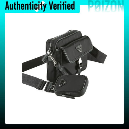 Black nylon crossbody phone bag with an attached small pouch, shown on a white background with a turquoise 'Authenticity Verified' banner and faint 'POIZON' text.