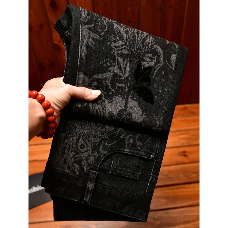 Black jeans men's fashion light luxury print slim fit small foot trend men's clothing autumn elastic long pants men