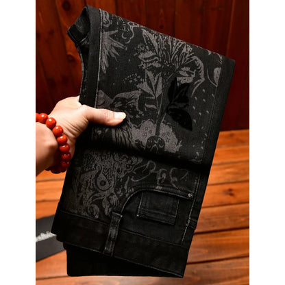 Black jeans men's fashion light luxury print slim fit small foot trend men's clothing autumn elastic long pants men