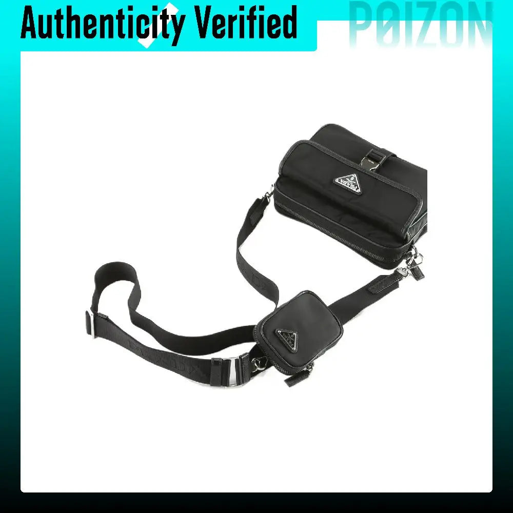 Black faux-leather crossbody bag with an adjustable shoulder strap and a triangular metal logo plaque, shown on a white background with a turquoise 'Authenticity Verified' banner and 'POIZON' watermark.