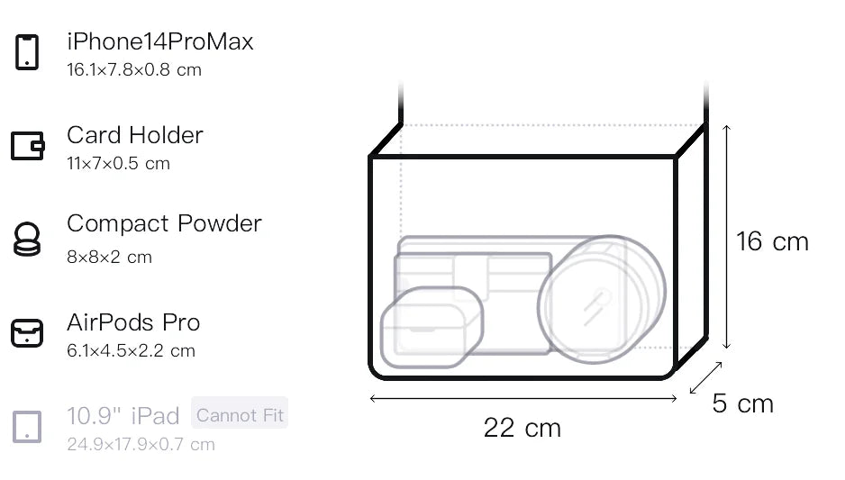A product diagram showing a camera bag or organizer with dimensions labeled 22 cm by 16 cm by 5 cm, containing illustrated accessories including an iPhone 14 Pro Max, Card Holder, Compact Powder, AirPods Pro, and a 10.9-inch iPad.