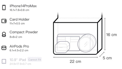 A product diagram showing a camera bag or organizer with dimensions labeled 22 cm by 16 cm by 5 cm, containing illustrated accessories including an iPhone 14 Pro Max, Card Holder, Compact Powder, AirPods Pro, and a 10.9-inch iPad.