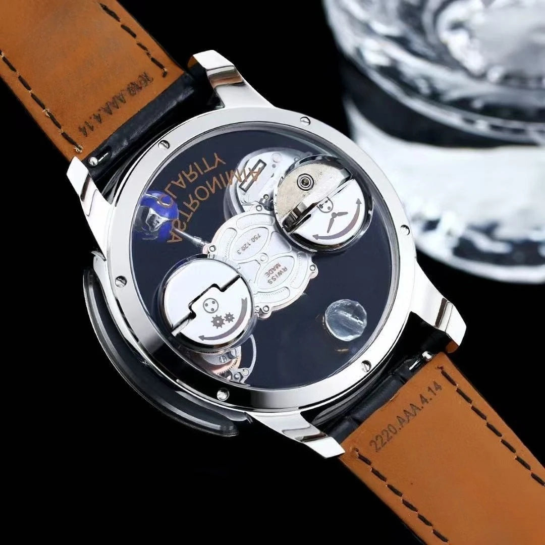 Luxury Astronomical Tourbillon Watch, 3D Celestial Rotating Dial Skeleton Quartz Wristwatch with Blue Leather Strap for Men