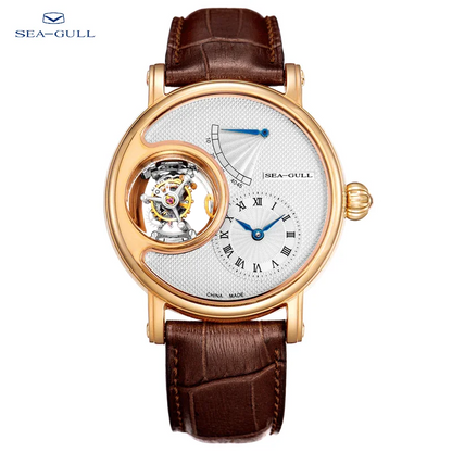 Sea-Gull luxury automatic watch with a rose gold case, white dial, skeletonized open-heart window, and a brown alligator leather strap on a white background.