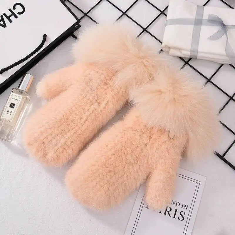 2026 Real Mink Fur Gloves For Women Winter Fox Fur Cuffs Women's Mittens Hand Knitted Full Finger Gloves Lady Fluffy Luxury Fur