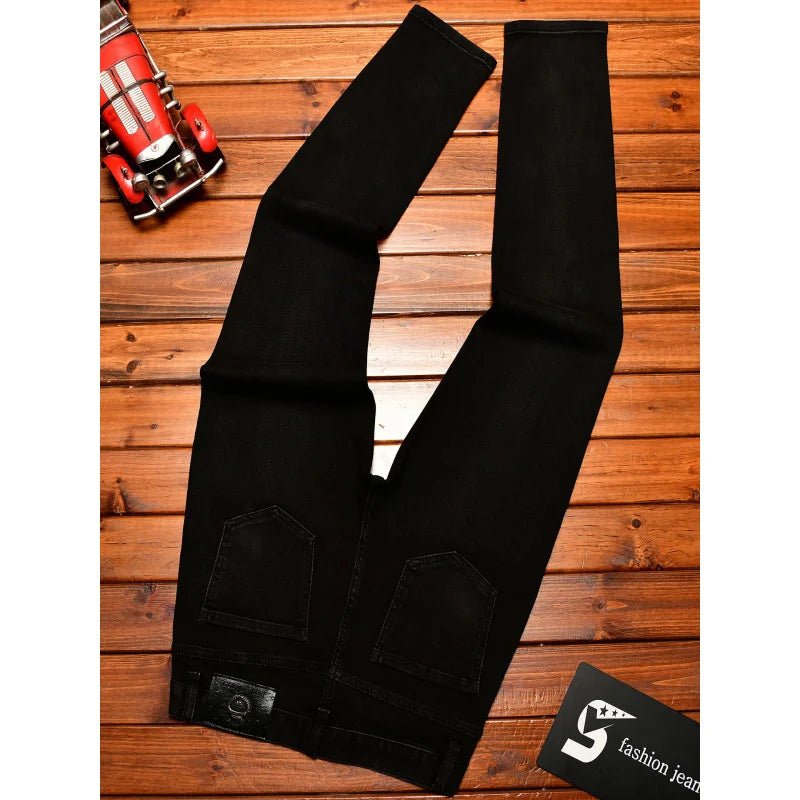 Black jeans men's fashion light luxury print slim fit small foot trend men's clothing autumn elastic long pants men