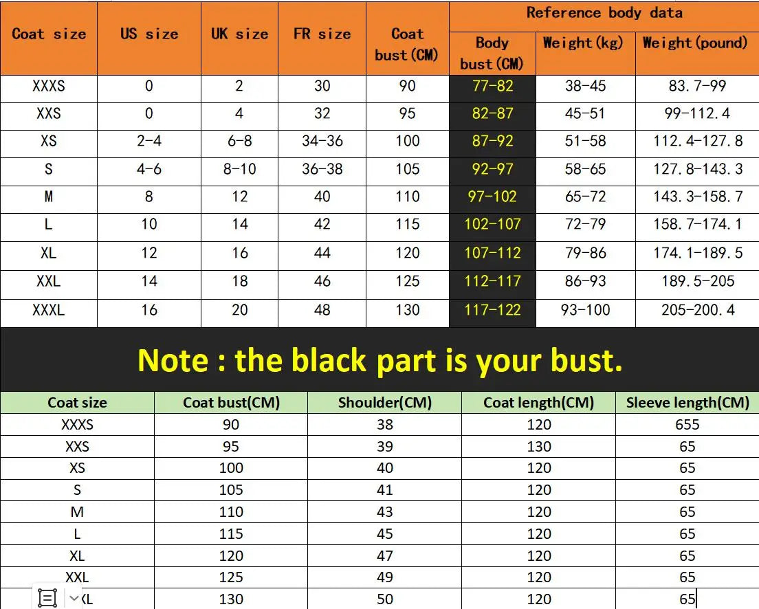 A size chart and measurement table for coats, showing coat sizes from XXXS to XXXL with US, UK, FR, and body bust measurements, plus a note stating the black part is the bust.