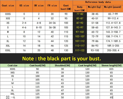 A size chart and measurement table for coats, showing coat sizes from XXXS to XXXL with US, UK, FR, and body bust measurements, plus a note stating the black part is the bust.