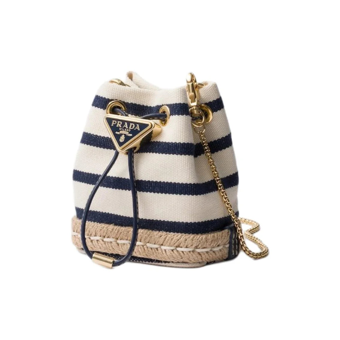 Prada canvas bucket bag with navy and cream horizontal stripes, a beige jute-wrapped base, a gold-tone triangular Prada logo charm, and a gold chain strap on a white background.