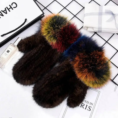 2026 Real Mink Fur Gloves For Women Winter Fox Fur Cuffs Women's Mittens Hand Knitted Full Finger Gloves Lady Fluffy Luxury Fur