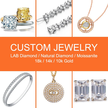 Collage of various diamond jewelry pieces with 'Custom Jewelry' text on an orange background.