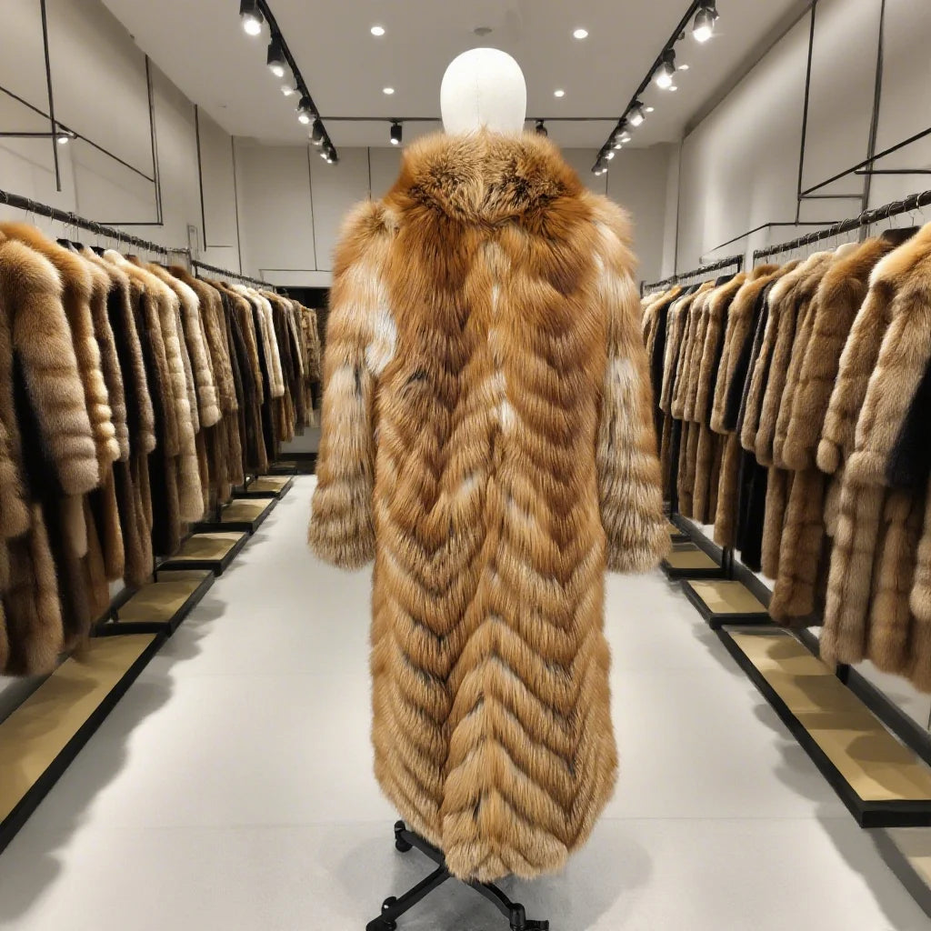 A long fur coat displayed on a mannequin in the center aisle of a luxury clothing store. The coat features a rich golden-brown and beige chevron pattern with a matching plush fur collar.