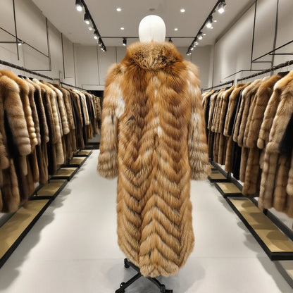 A long fur coat displayed on a mannequin in the center aisle of a luxury clothing store. The coat features a rich golden-brown and beige chevron pattern with a matching plush fur collar.