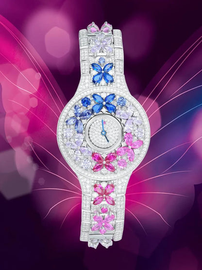 BELLUX Official Design Butterfly  Colored Synthetic Gemstone Full Diamond 925 Silver Women's Luxury Watch Fine Jewelry Gift