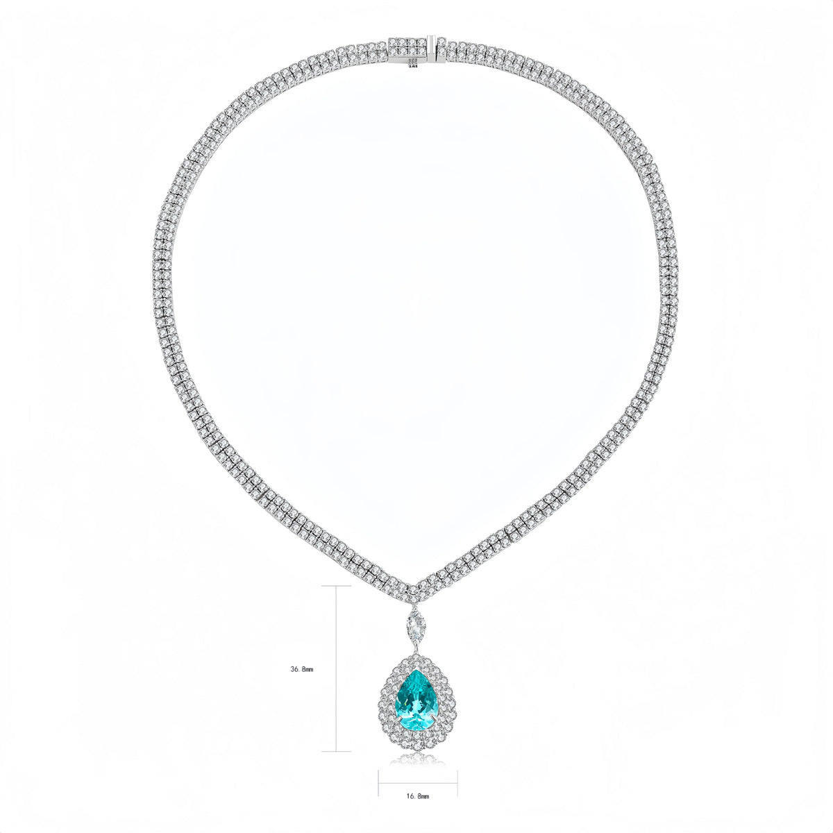 A silver-tone double-row diamond necklace with a teardrop-shaped pendant featuring a vibrant blue gemstone surrounded by small diamonds. The image includes dimension lines indicating a 25 mm height and 15 mm width.