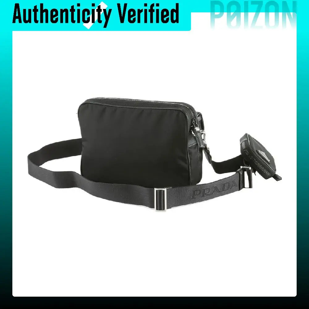 A black Prada crossbody bag with an adjustable black webbing strap and a small attached black pouch, shown on a white background with a turquoise border and 'Authenticity Verified' text at the top.