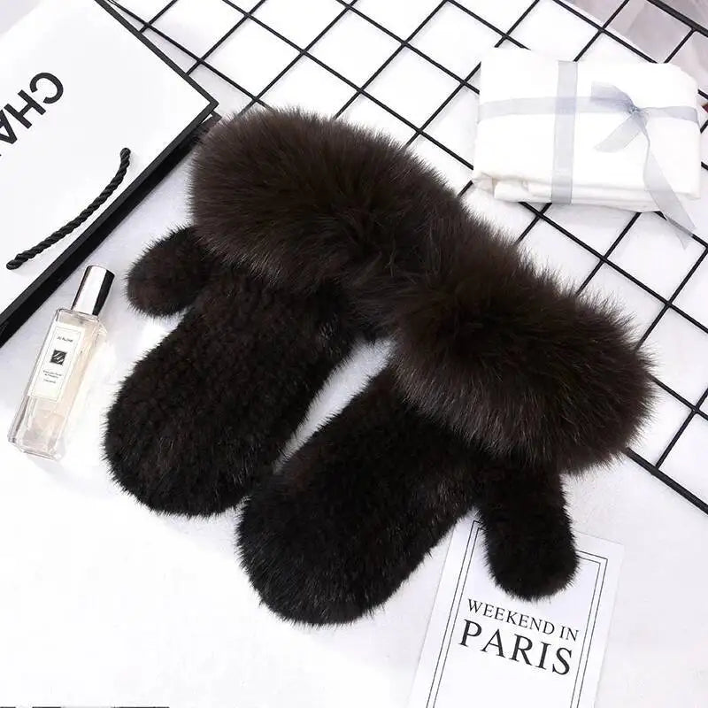 2026 Real Mink Fur Gloves For Women Winter Fox Fur Cuffs Women's Mittens Hand Knitted Full Finger Gloves Lady Fluffy Luxury Fur