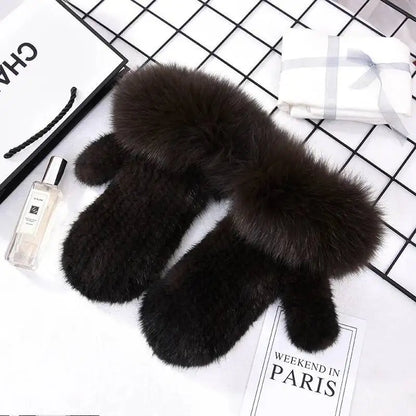 2026 Real Mink Fur Gloves For Women Winter Fox Fur Cuffs Women's Mittens Hand Knitted Full Finger Gloves Lady Fluffy Luxury Fur