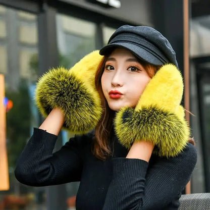 2026 Real Mink Fur Gloves For Women Winter Fox Fur Cuffs Women's Mittens Hand Knitted Full Finger Gloves Lady Fluffy Luxury Fur