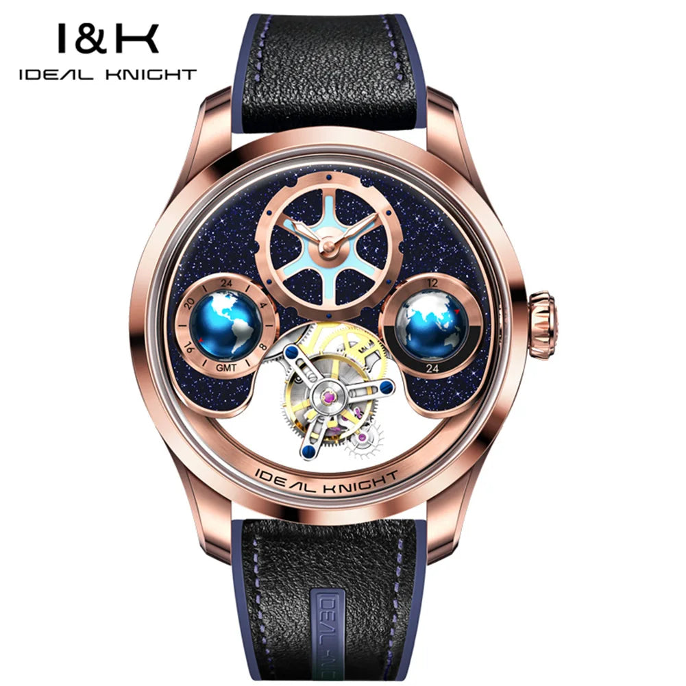 IDEAL KNIGHT Real Tourbillon Automatic Watches for Men 43mm Large Dial Blue Earth Series High-end Luxury Brand Mechanical Watch