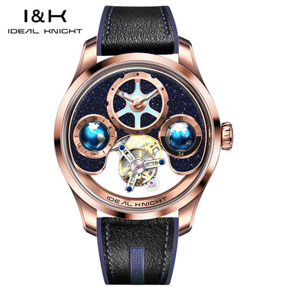 IDEAL KNIGHT Real Tourbillon Automatic Watches for Men 43mm Large Dial Blue Earth Series High-end Luxury Brand Mechanical Watch