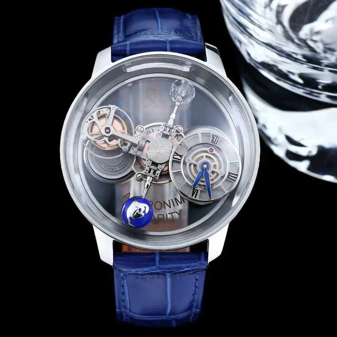 Luxury Astronomical Tourbillon Watch, 3D Celestial Rotating Dial Skeleton Quartz Wristwatch with Blue Leather Strap for Men
