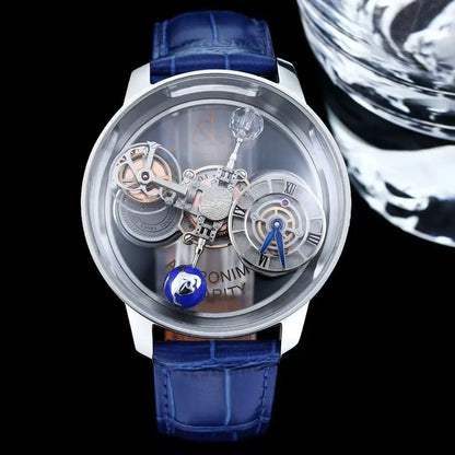 Luxury Astronomical Tourbillon Watch, 3D Celestial Rotating Dial Skeleton Quartz Wristwatch with Blue Leather Strap for Men