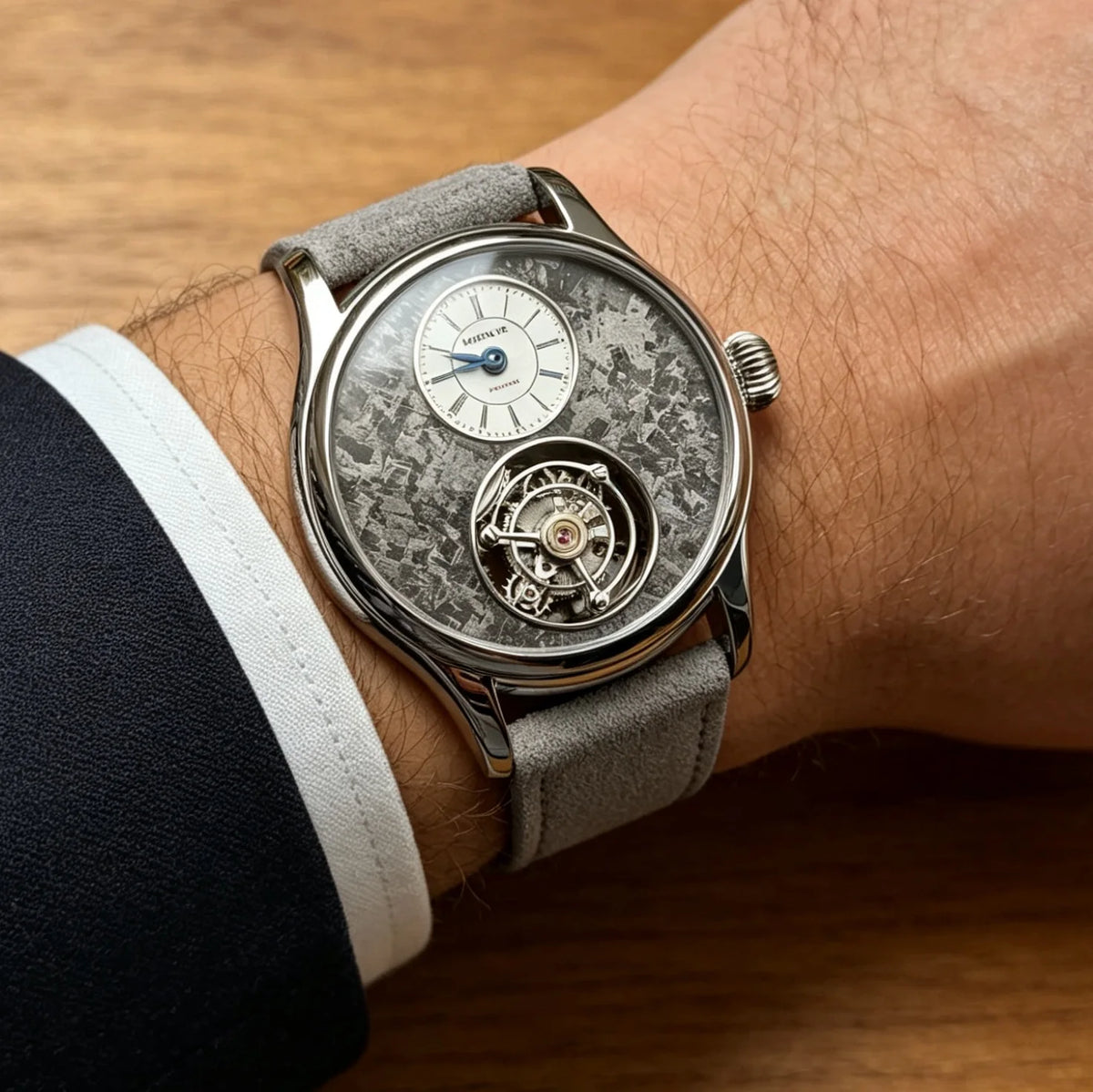 Luxury watch with a detailed face on a person's wrist against a wooden background