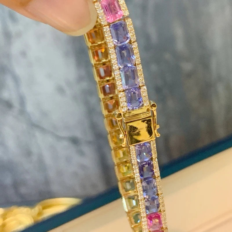 Aazuo Luxury 18K Yellow Gold Natrual Color Sapphire Real Diamonds Rainbow Bracelet For Woman Upscale Trendy Engagement Party