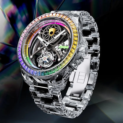Luxury watch with transparent case and colorful rim on a dark background