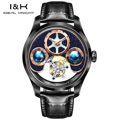 IDEAL KNIGHT Real Tourbillon Automatic Watches for Men 43mm Large Dial Blue Earth Series High-end Luxury Brand Mechanical Watch