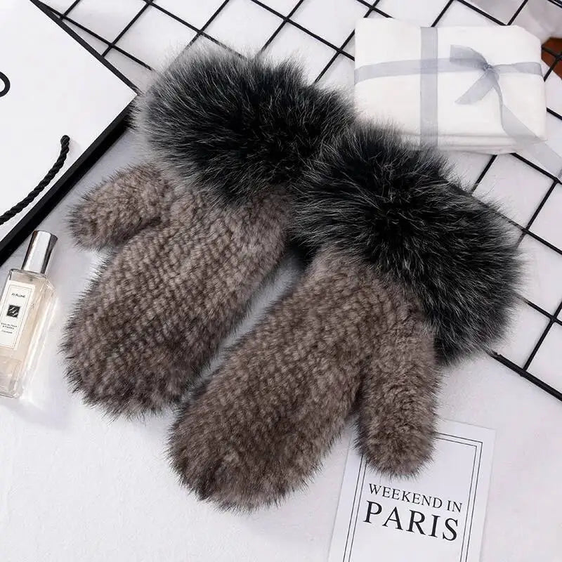 2026 Real Mink Fur Gloves For Women Winter Fox Fur Cuffs Women's Mittens Hand Knitted Full Finger Gloves Lady Fluffy Luxury Fur